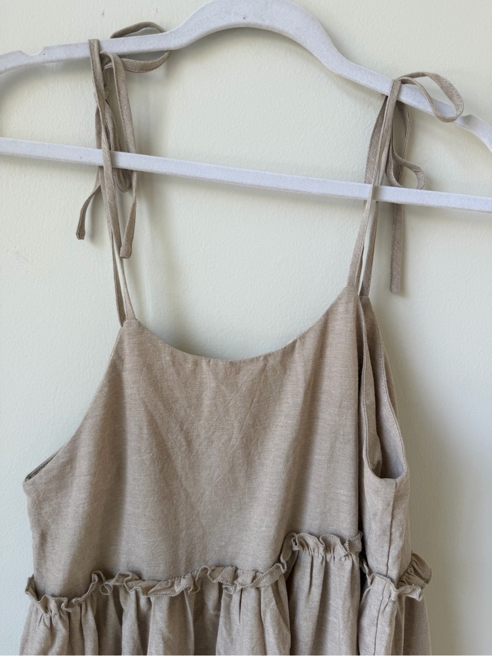 NWT Commense Size Small Cotton Linen Tie-Shoulder Mini Dress in Beige Tan Ruffle - Picture 9 of 15